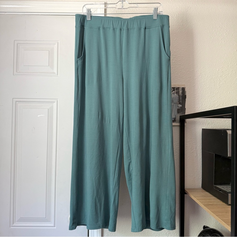 LISA BAYNE seafoam green rayon blend soft elastic waist wide leg cropped pants